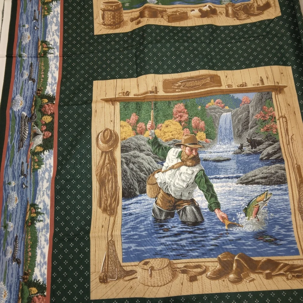 FABRIC PILLOW PANELS with border, fishing scenes by Joan Messmore